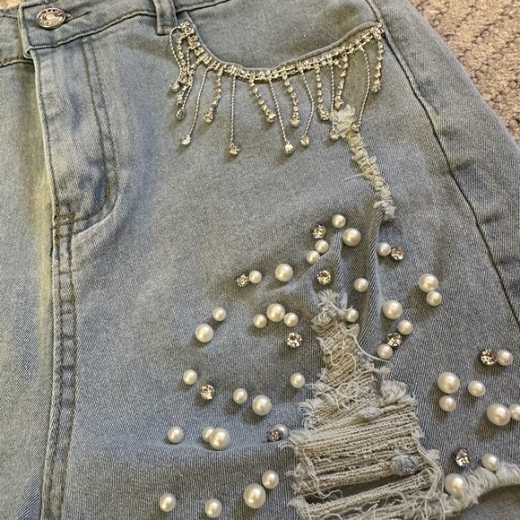 NWT - Denim Shorts with Rhinestones & Pearls - Picture 2 of 9